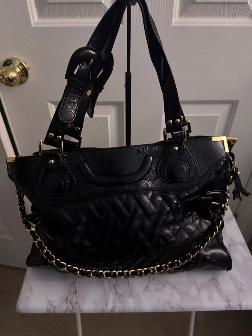 Black Quilted Chain-Trim Shoulder Bag